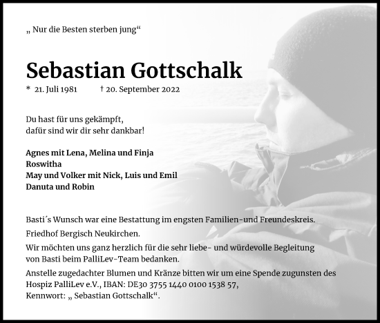 Anzeige von Sebastian Gottschalk von Kölner Stadt-Anzeiger / Kölnische Rundschau / Express