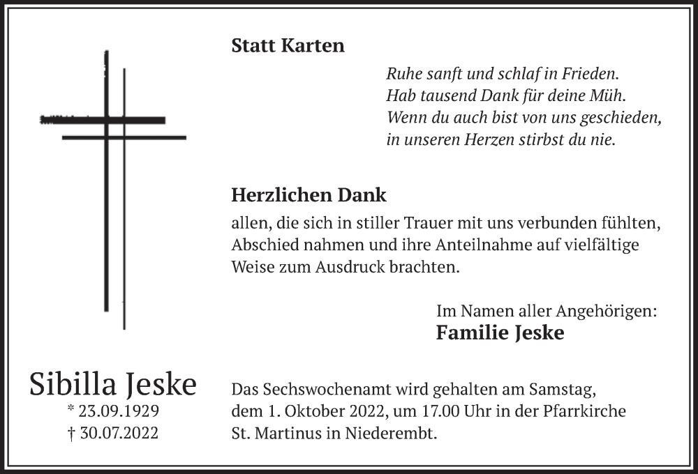  Traueranzeige für Sibilla Jeske vom 23.09.2022 aus  Werbepost 