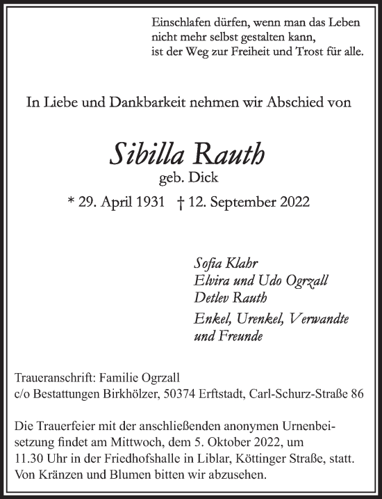 Anzeige von Sibilla Rauth von  Werbepost 