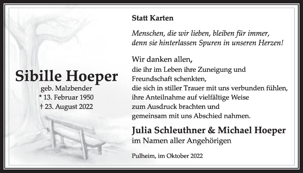  Traueranzeige für Sibille Hoeper vom 30.09.2022 aus  Wochenende 