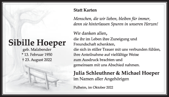 Anzeige von Sibille Hoeper von  Wochenende 