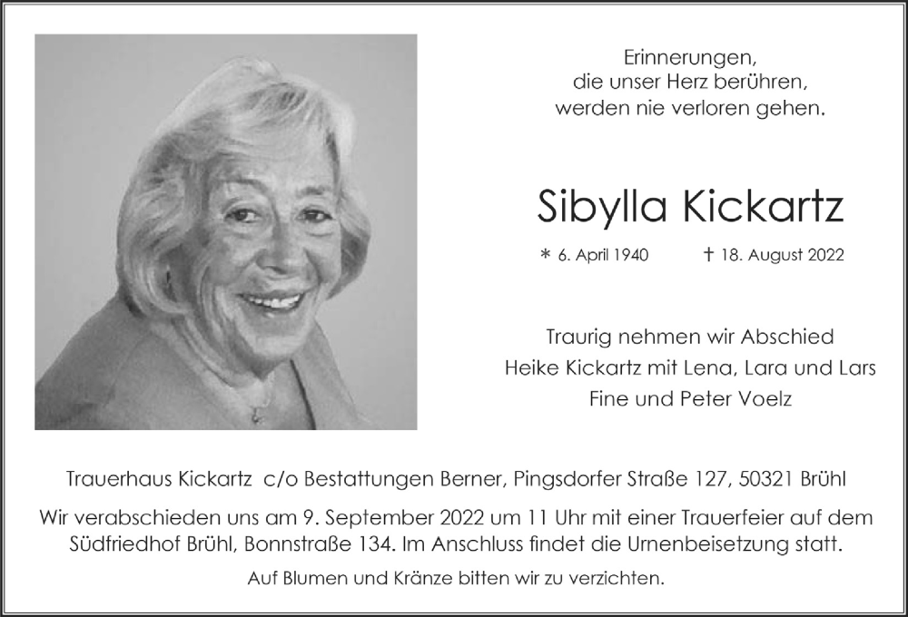  Traueranzeige für Sibylla Kickartz vom 02.09.2022 aus  Schlossbote/Werbekurier 