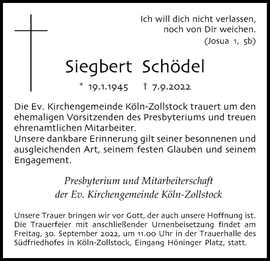 Anzeige von Siegbert Schödel von Kölner Stadt-Anzeiger / Kölnische Rundschau / Express