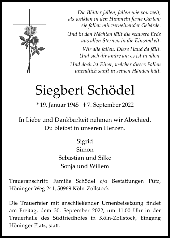 Anzeige von Siegbert Schödel von Kölner Stadt-Anzeiger / Kölnische Rundschau / Express