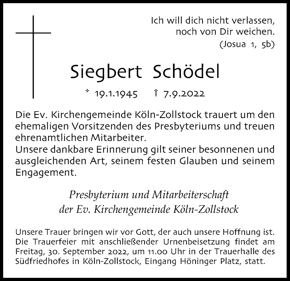 Traueranzeige für Siegbert Schödel vom 24.09.2022 aus Kölner Stadt-Anzeiger / Kölnische Rundschau / Express