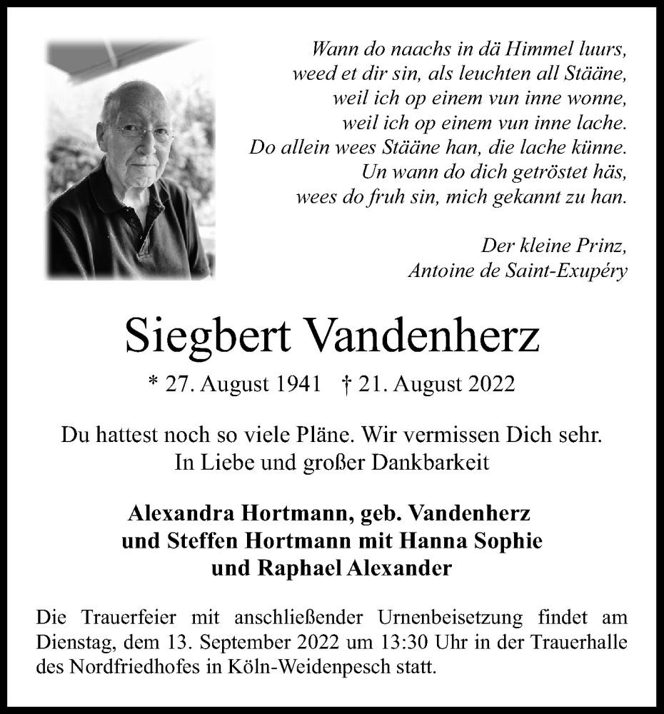  Traueranzeige für Siegbert Vandenherz vom 03.09.2022 aus Kölner Stadt-Anzeiger / Kölnische Rundschau / Express