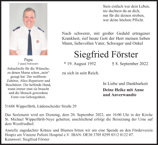 Anzeige von Siegfried Förster von Kölner Stadt-Anzeiger / Kölnische Rundschau / Express
