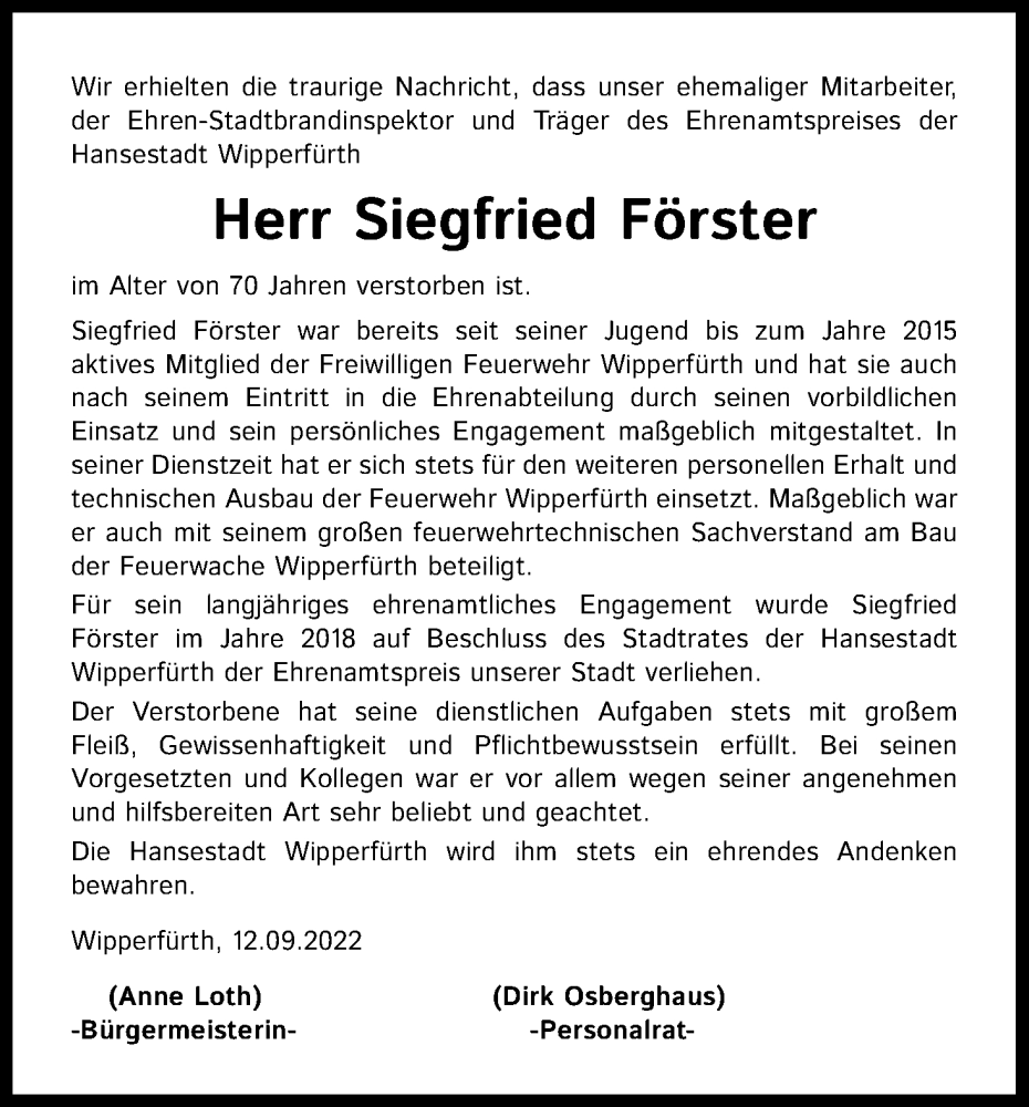  Traueranzeige für Siegfried Förster vom 17.09.2022 aus Kölner Stadt-Anzeiger / Kölnische Rundschau / Express
