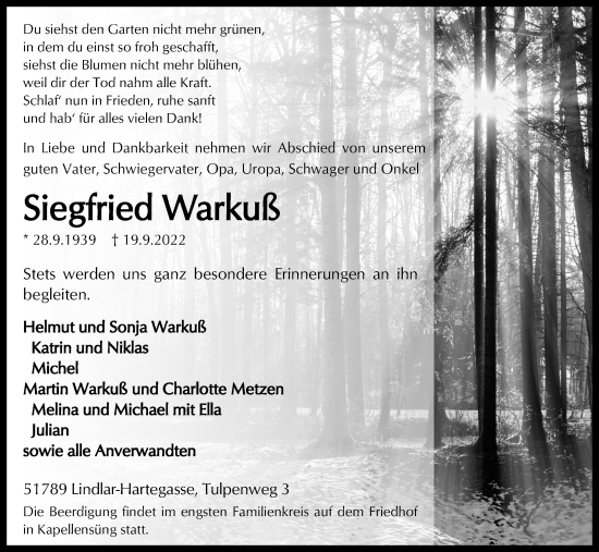 Anzeige von Siegfried Warkuß von Kölner Stadt-Anzeiger / Kölnische Rundschau / Express