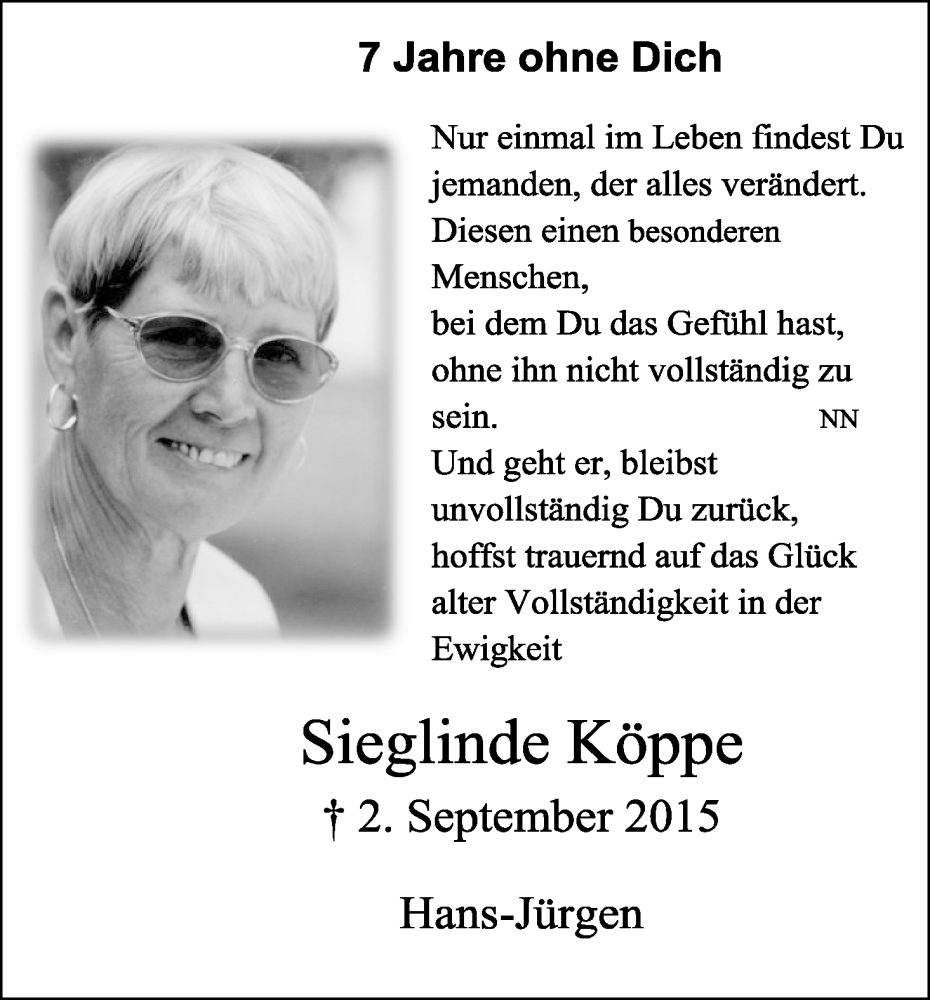  Traueranzeige für Sieglinde Köppe vom 02.09.2022 aus Kölner Stadt-Anzeiger / Kölnische Rundschau / Express