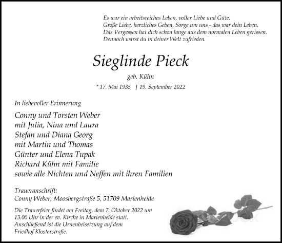 Anzeige von Sieglinde Pieck von  Anzeigen Echo 
