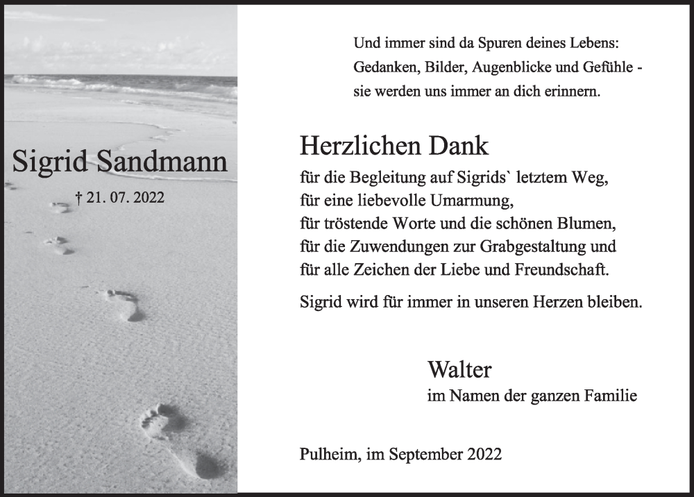  Traueranzeige für Sigrid Sandmann vom 16.09.2022 aus  Wochenende 