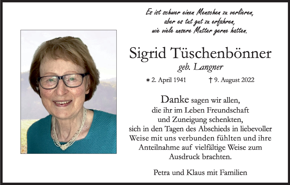  Traueranzeige für Sigrid Tüschenbönner vom 17.09.2022 aus Kölner Stadt-Anzeiger / Kölnische Rundschau / Express