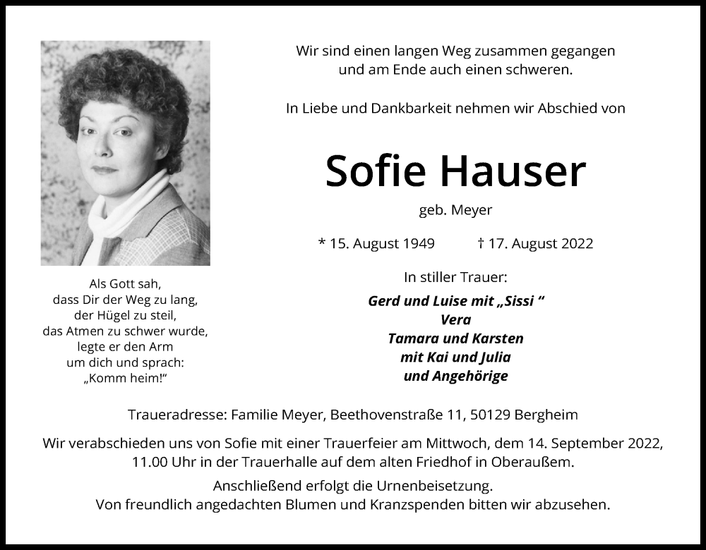  Traueranzeige für Sofie Hauser vom 10.09.2022 aus Kölner Stadt-Anzeiger / Kölnische Rundschau / Express