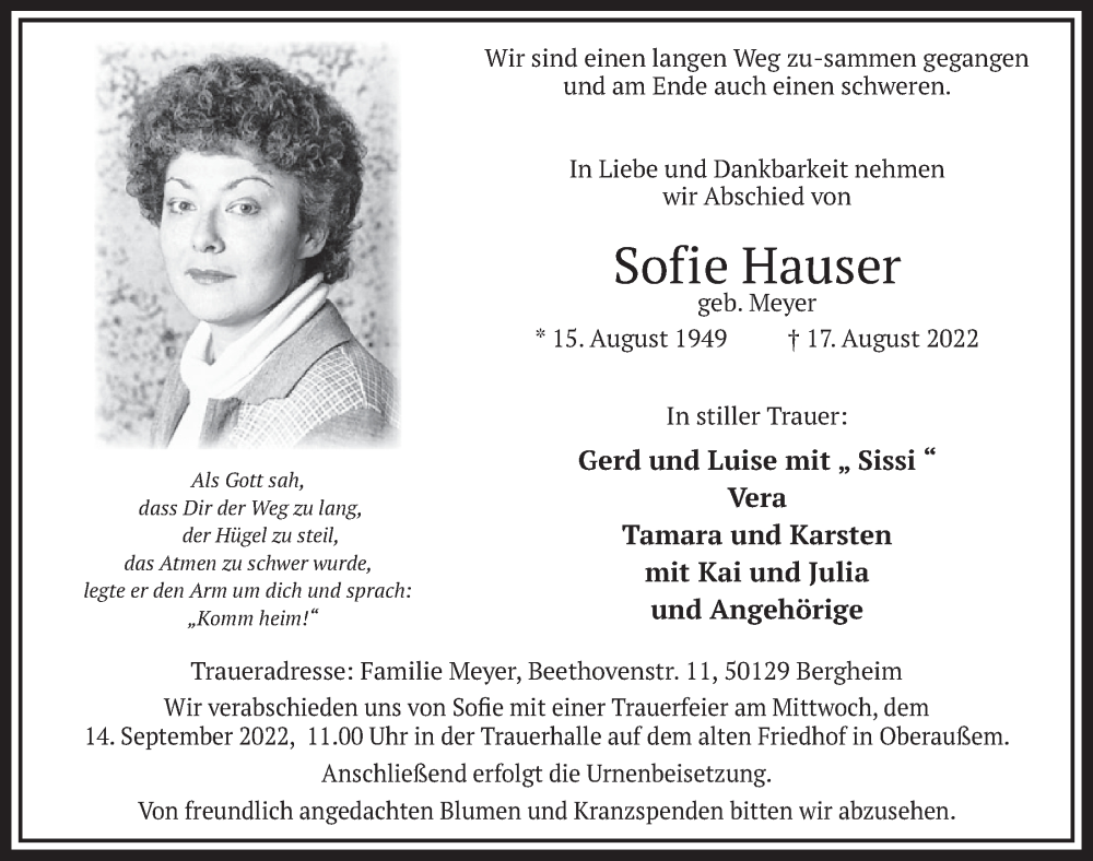  Traueranzeige für Sofie Hauser vom 09.09.2022 aus  Werbepost 