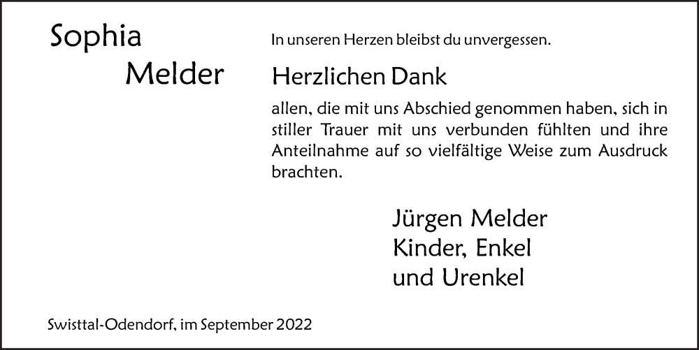  Traueranzeige für Sophia Melder vom 30.09.2022 aus  Schaufenster/Blickpunkt 