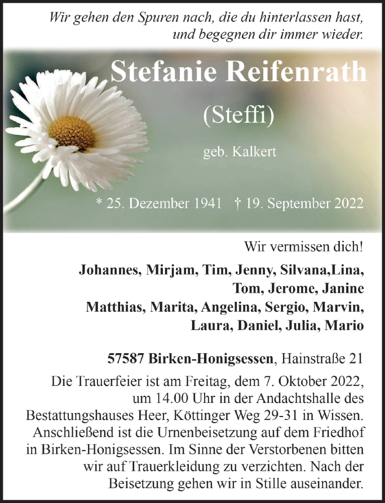  Traueranzeige für Stefanie Reifenrath vom 30.09.2022 aus  Lokalanzeiger 