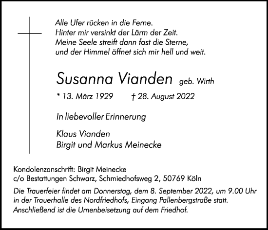 Anzeige von Susanna Vianden von Kölner Stadt-Anzeiger / Kölnische Rundschau / Express