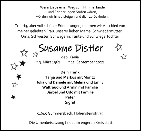 Anzeige von Susanne Distler von  Anzeigen Echo 