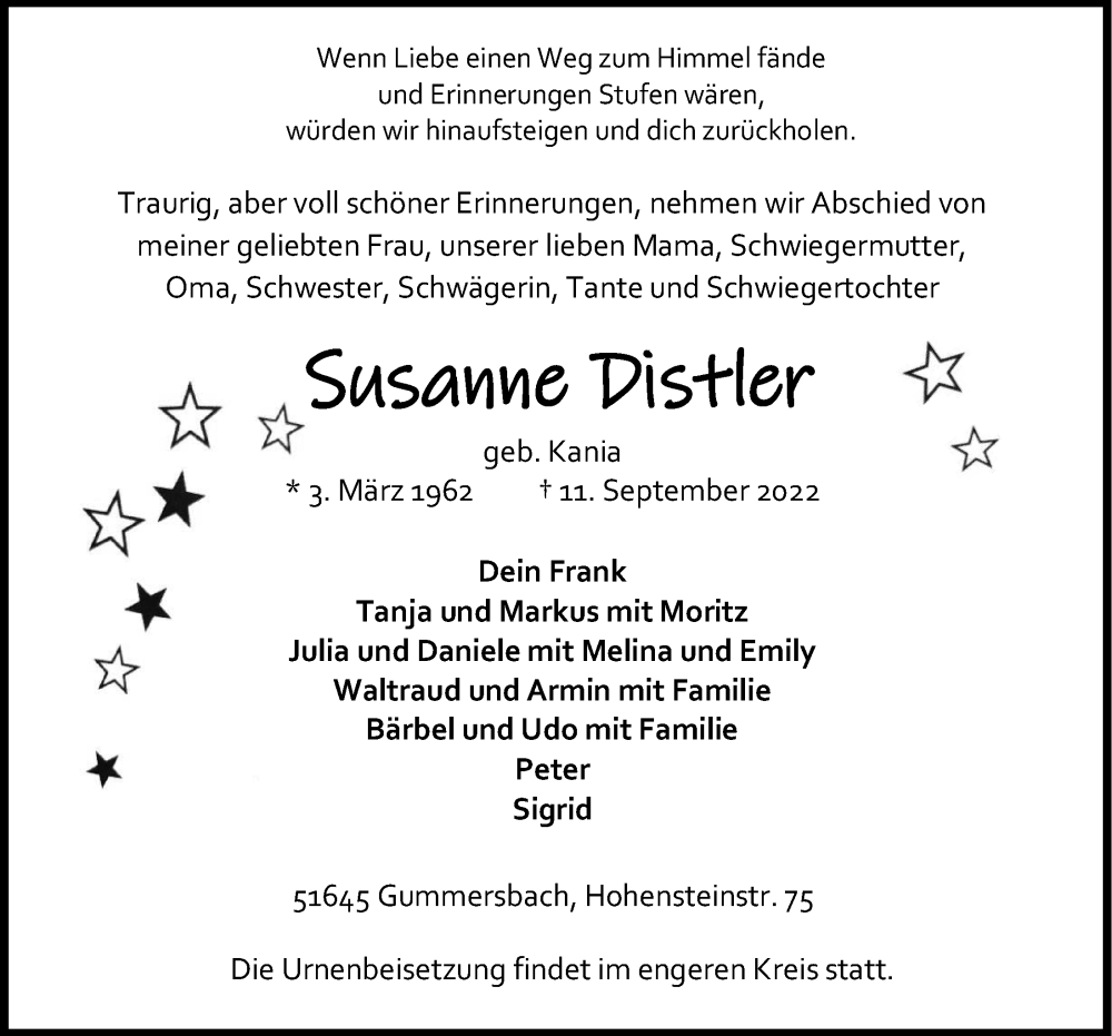  Traueranzeige für Susanne Distler vom 23.09.2022 aus  Anzeigen Echo 