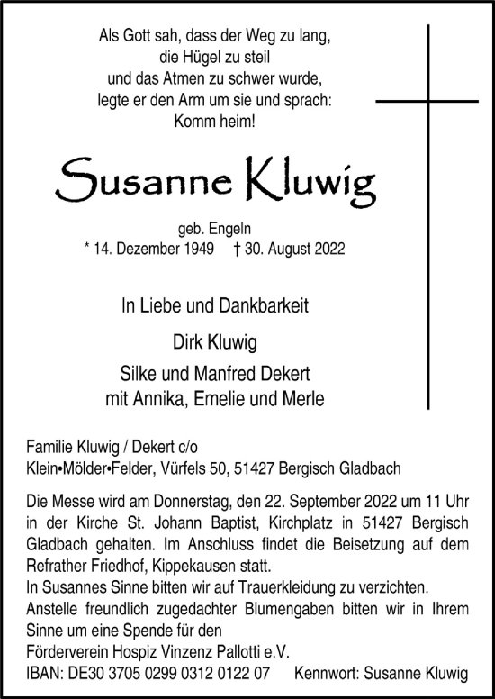 Anzeige von Susanne Kluwig von  Bergisches Handelsblatt 