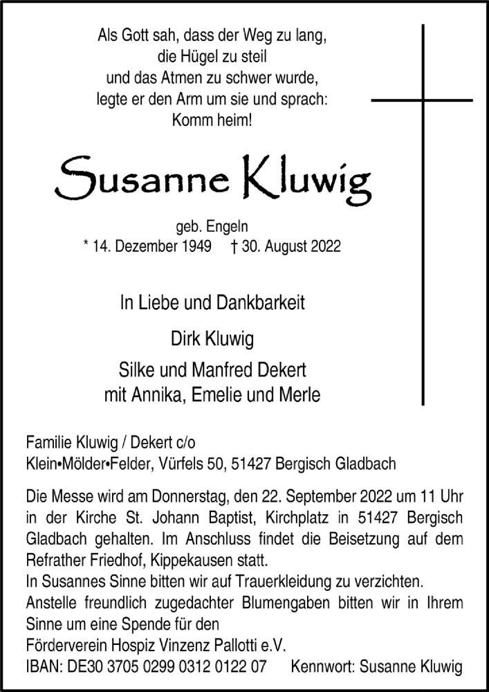  Traueranzeige für Susanne Kluwig vom 09.09.2022 aus  Bergisches Handelsblatt 