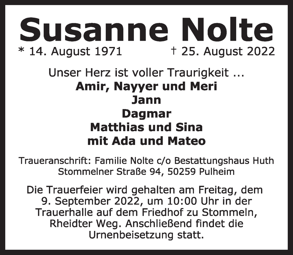  Traueranzeige für Susanne Nolte vom 02.09.2022 aus  Wochenende 