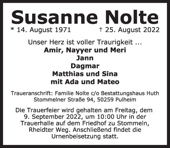 Anzeige von Susanne Nolte von  Wochenende 