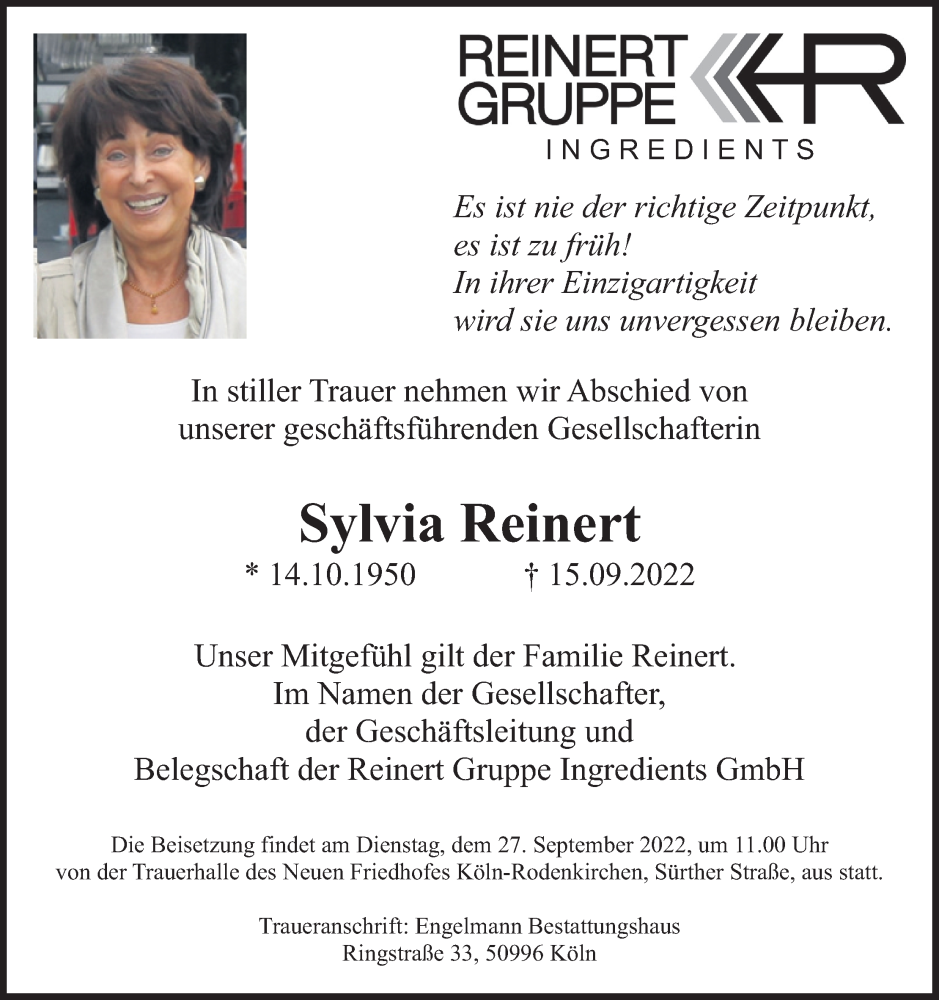  Traueranzeige für Sylvia Reinert vom 21.09.2022 aus Kölner Stadt-Anzeiger / Kölnische Rundschau / Express