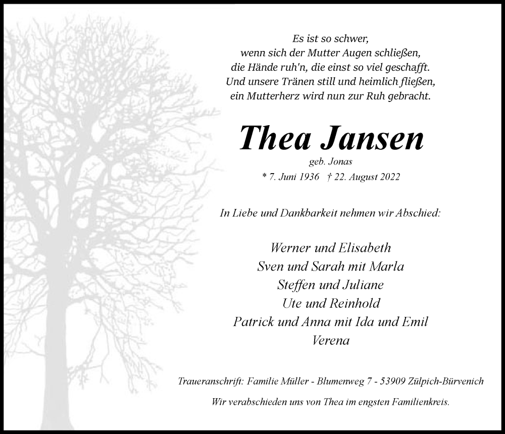  Traueranzeige für Thea Jansen vom 03.09.2022 aus  Blickpunkt Euskirchen 