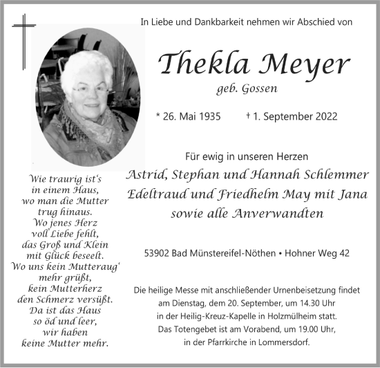 Anzeige von Thekla Meyer von  Blickpunkt Euskirchen 