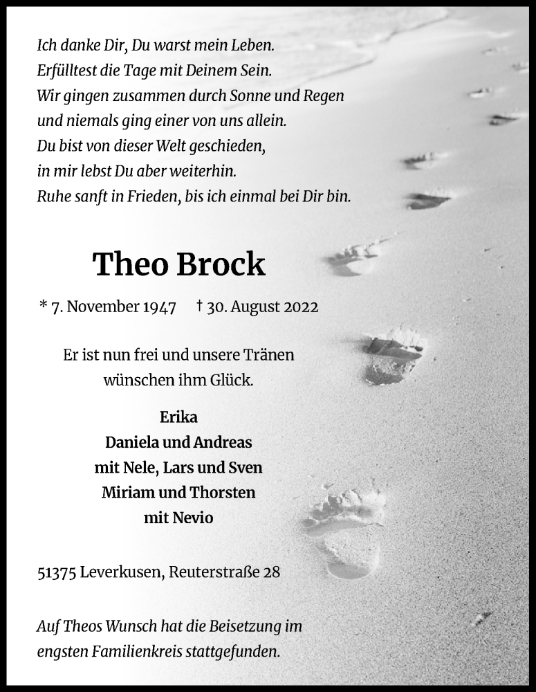  Traueranzeige für Theo Brock vom 24.09.2022 aus Kölner Stadt-Anzeiger / Kölnische Rundschau / Express