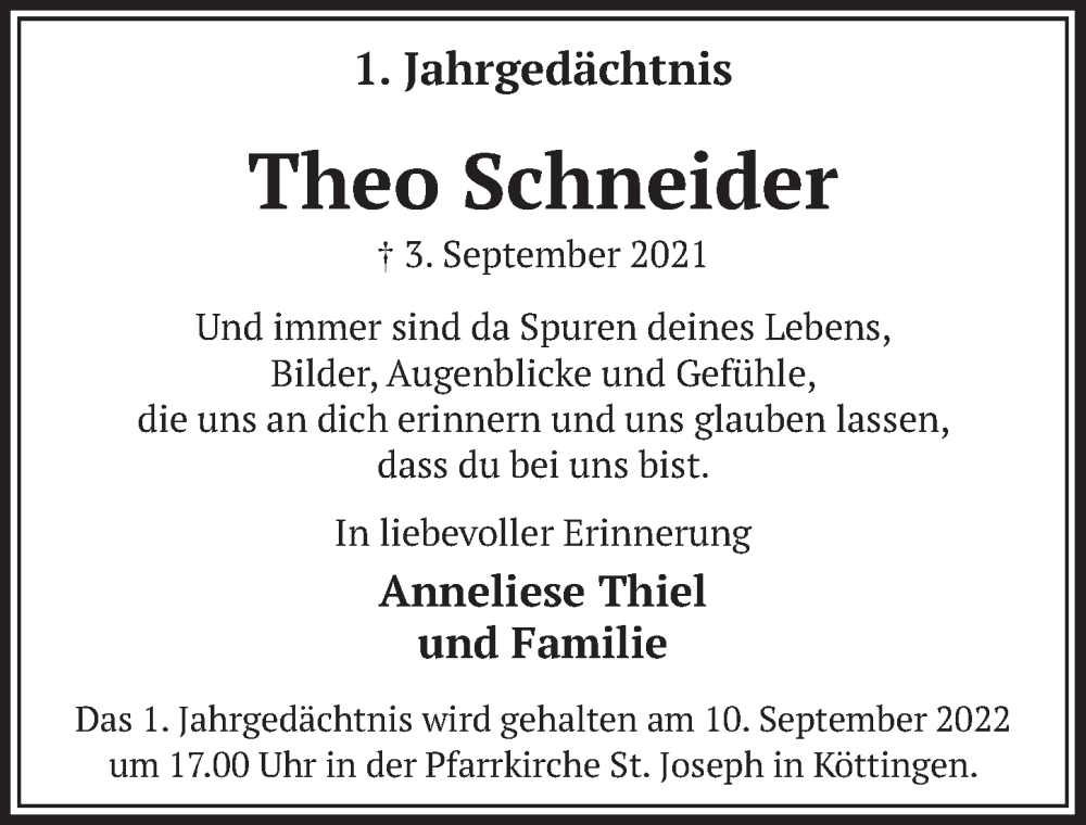  Traueranzeige für Theo Schneider vom 02.09.2022 aus  Werbepost 