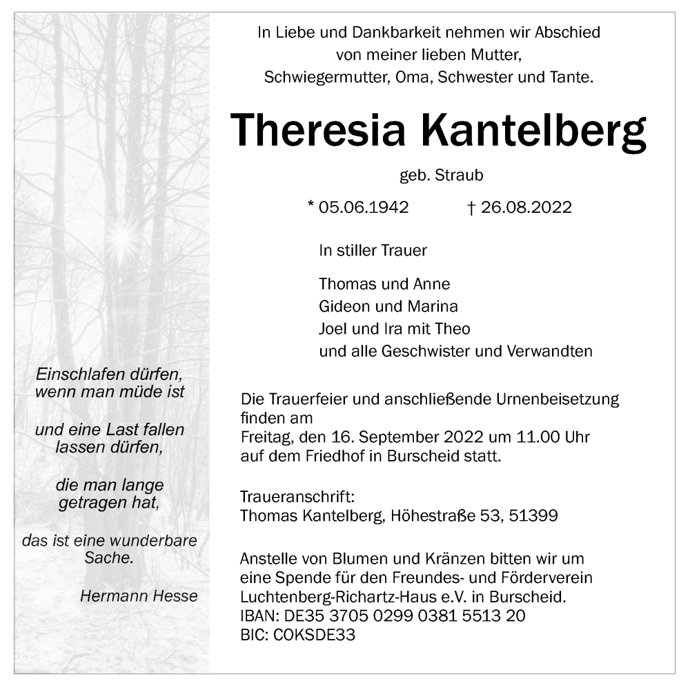  Traueranzeige für Theresia Kantelberg vom 03.09.2022 aus Kölner Stadt-Anzeiger / Kölnische Rundschau / Express