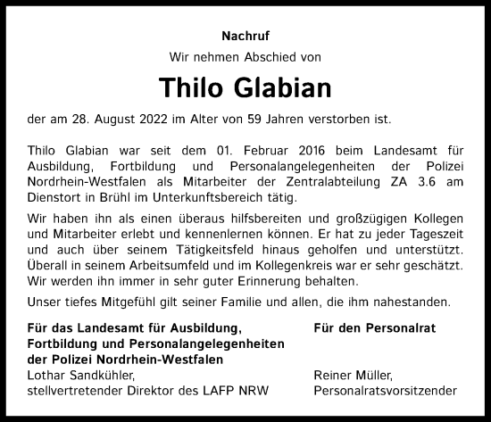 Anzeige von Thilo Glabian von Kölner Stadt-Anzeiger / Kölnische Rundschau / Express