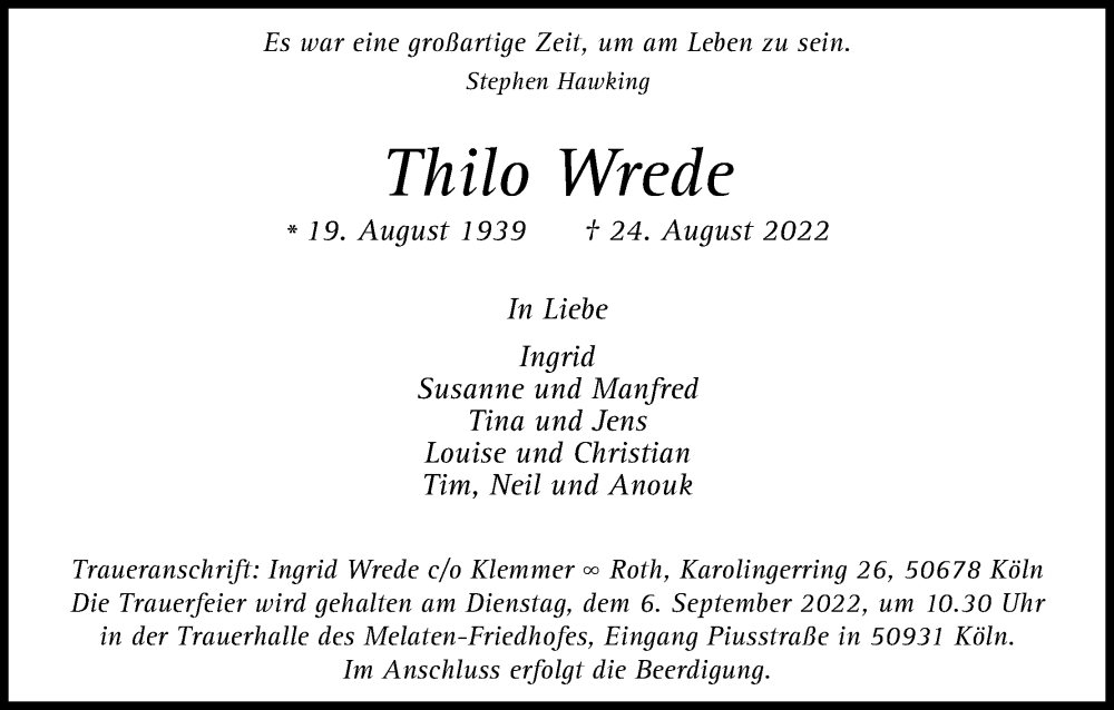  Traueranzeige für Thilo Wrede vom 03.09.2022 aus Kölner Stadt-Anzeiger / Kölnische Rundschau / Express