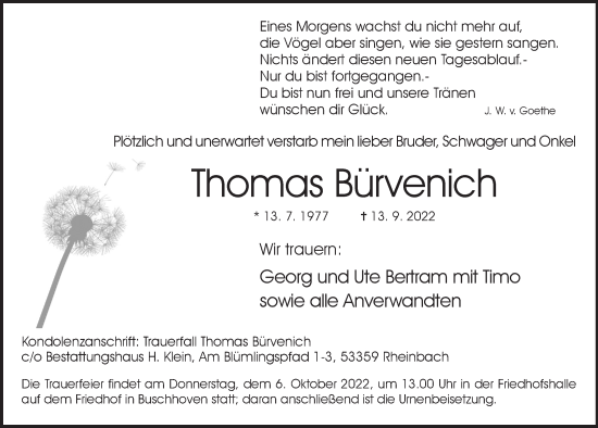 Anzeige von Thomas Bürvenich von  Schaufenster/Blickpunkt 