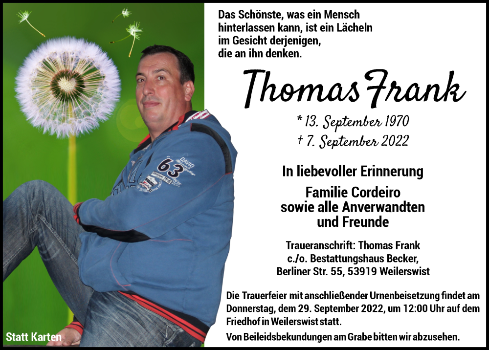  Traueranzeige für Thomas Frank vom 17.09.2022 aus  Blickpunkt Euskirchen 