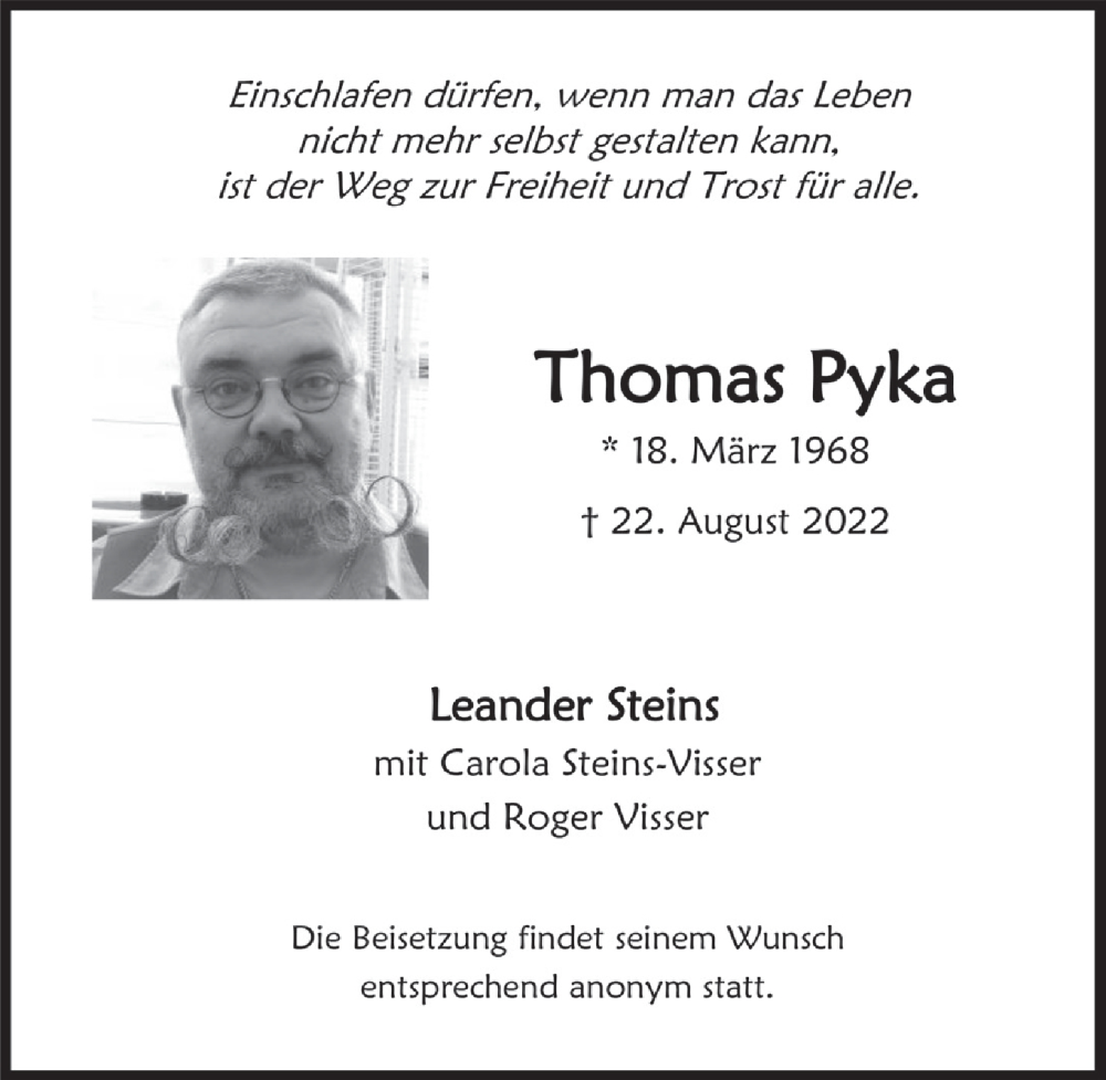  Traueranzeige für Thomas Pyka vom 16.09.2022 aus  Werbepost 