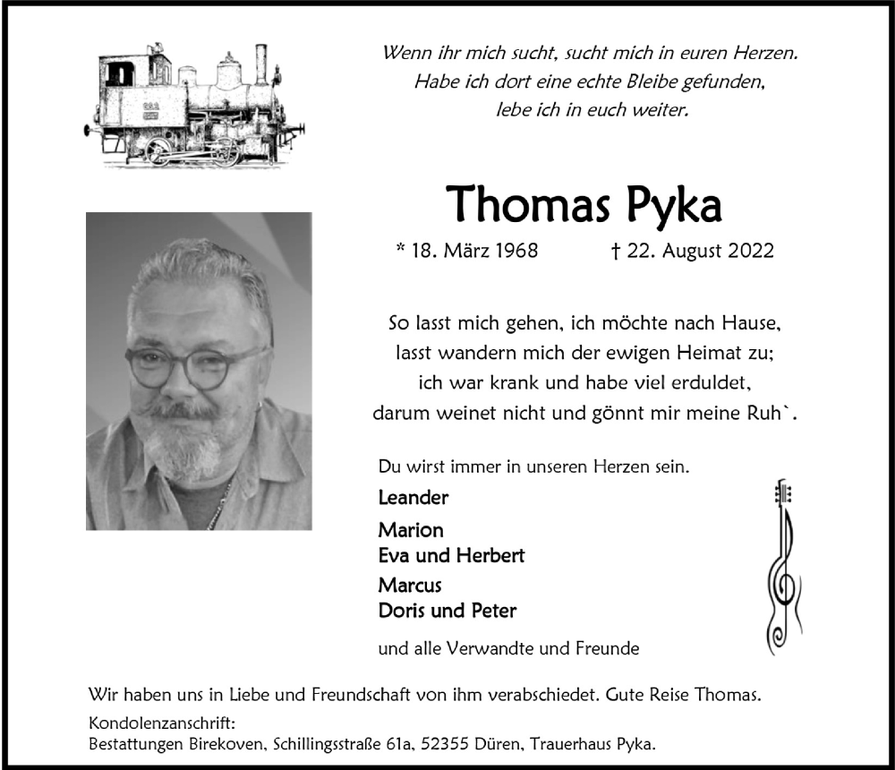  Traueranzeige für Thomas Pyka vom 16.09.2022 aus  Werbepost 