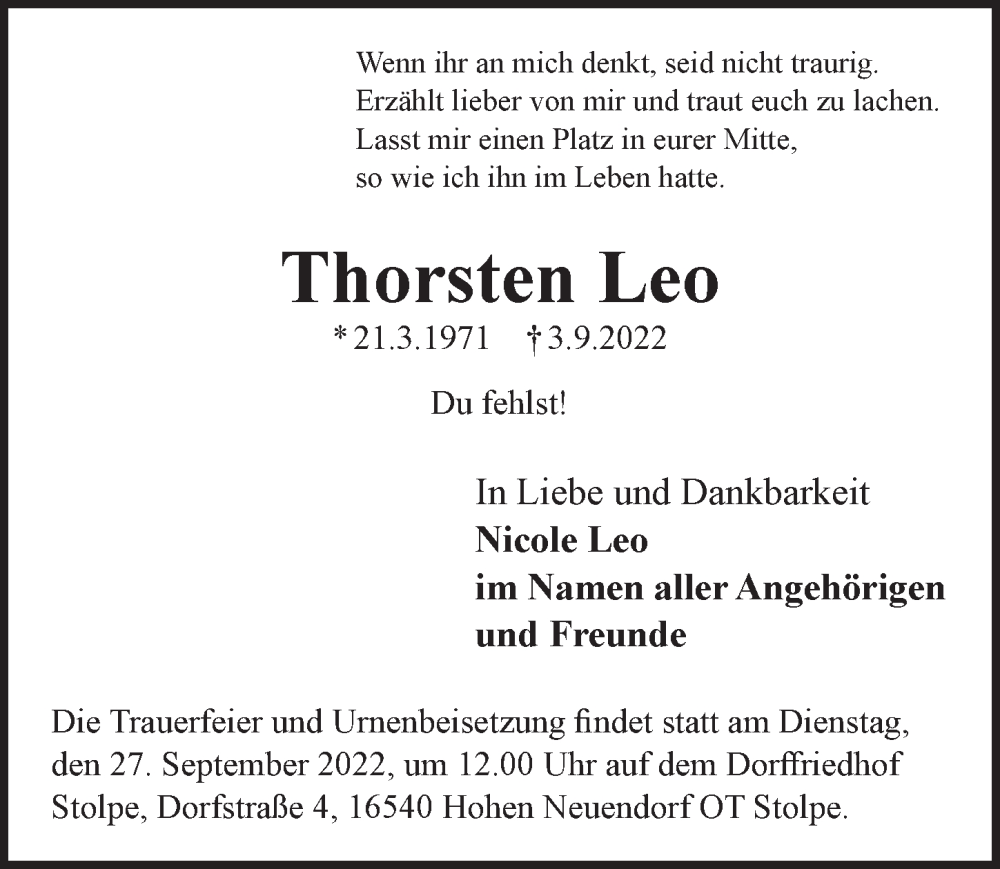  Traueranzeige für Thorsten Leo vom 16.09.2022 aus  Extra Blatt 
