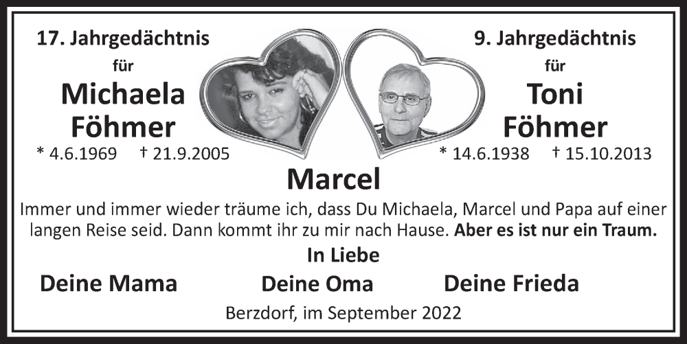  Traueranzeige für Toni Föhmer vom 16.09.2022 aus  Schlossbote/Werbekurier 
