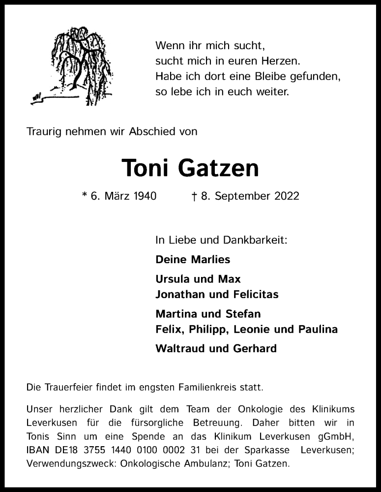  Traueranzeige für Toni Gatzen vom 24.09.2022 aus Kölner Stadt-Anzeiger / Kölnische Rundschau / Express