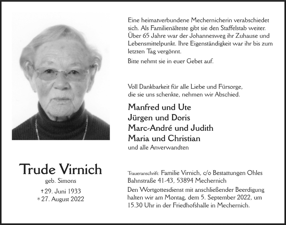  Traueranzeige für Trude Virnich vom 03.09.2022 aus  Blickpunkt Euskirchen 