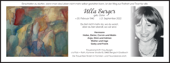 Anzeige von Ulla Burger von  Bergisches Handelsblatt 