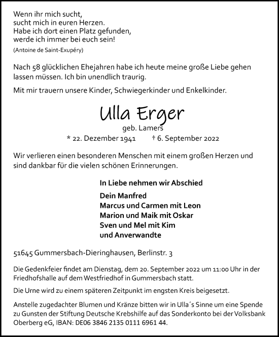Anzeige von Ulla Erger von Kölner Stadt-Anzeiger / Kölnische Rundschau / Express