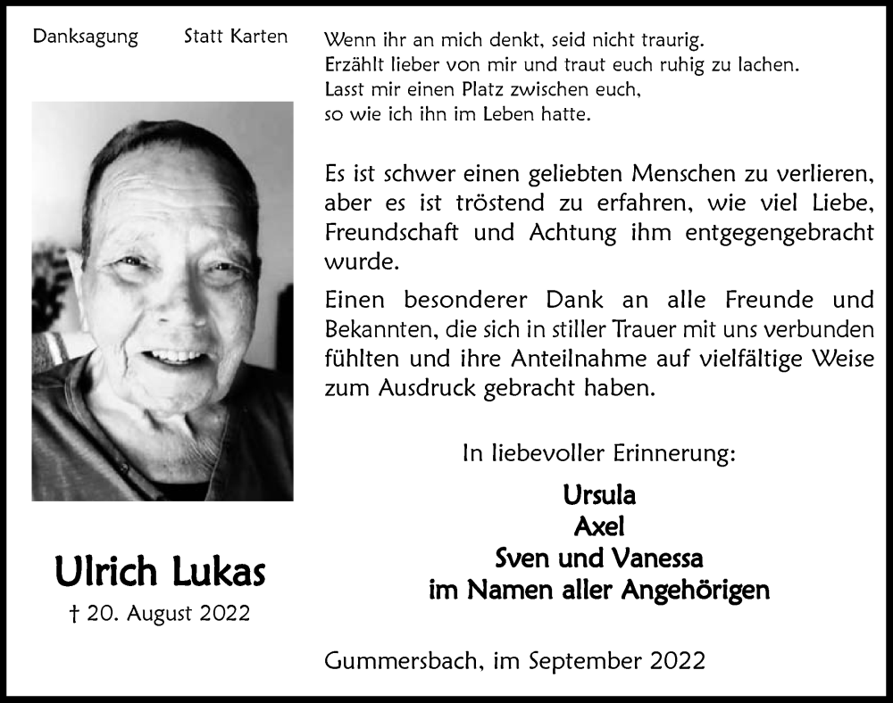  Traueranzeige für Ulrich Lukas vom 23.09.2022 aus  Anzeigen Echo 