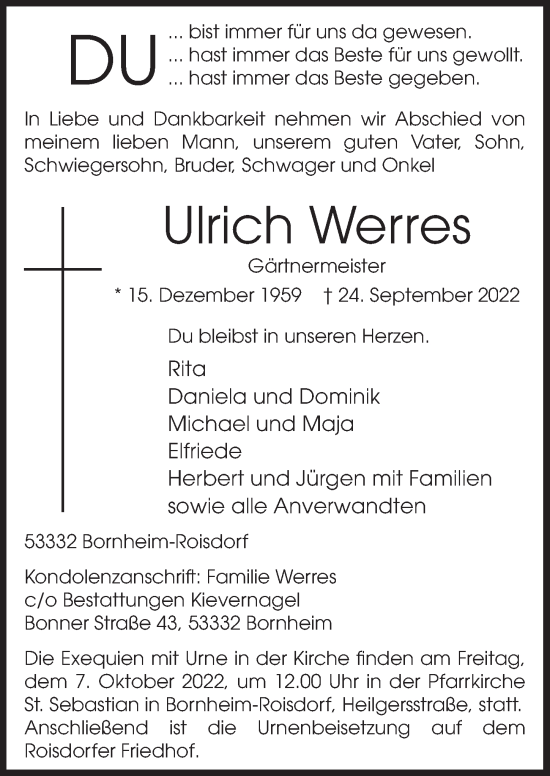 Anzeige von Ulrich Werres von  Schaufenster/Blickpunkt 