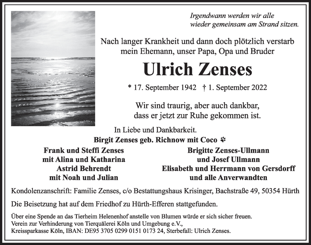  Traueranzeige für Ulrich Zenses vom 09.09.2022 aus  Wochenende 