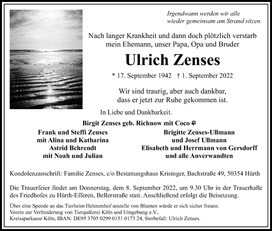 Anzeige von Ulrich Zenses von Kölner Stadt-Anzeiger / Kölnische Rundschau / Express